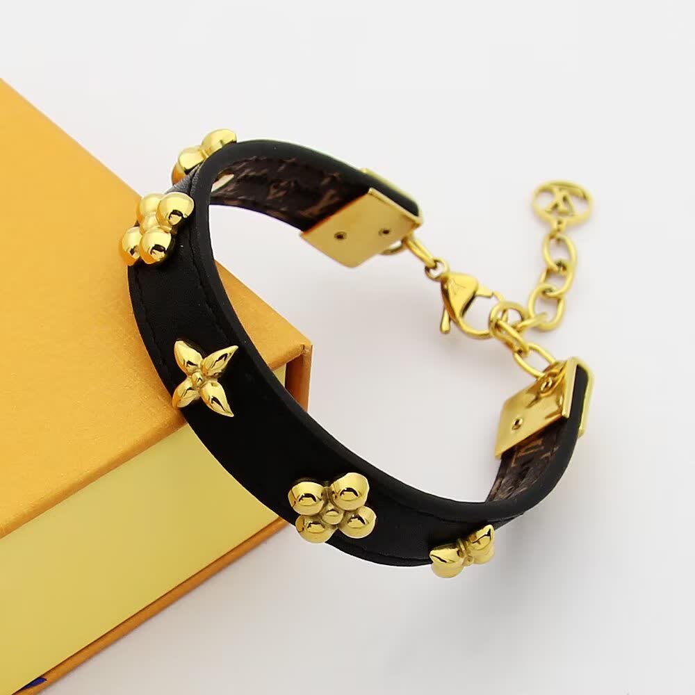 Louis Vuitton Black Leather Bracelet with Gold Accents